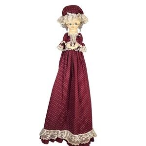 VTG 70s Grandmother Cloth Doll Burgundy Calico Bag Holder Handmade Hanging Decor